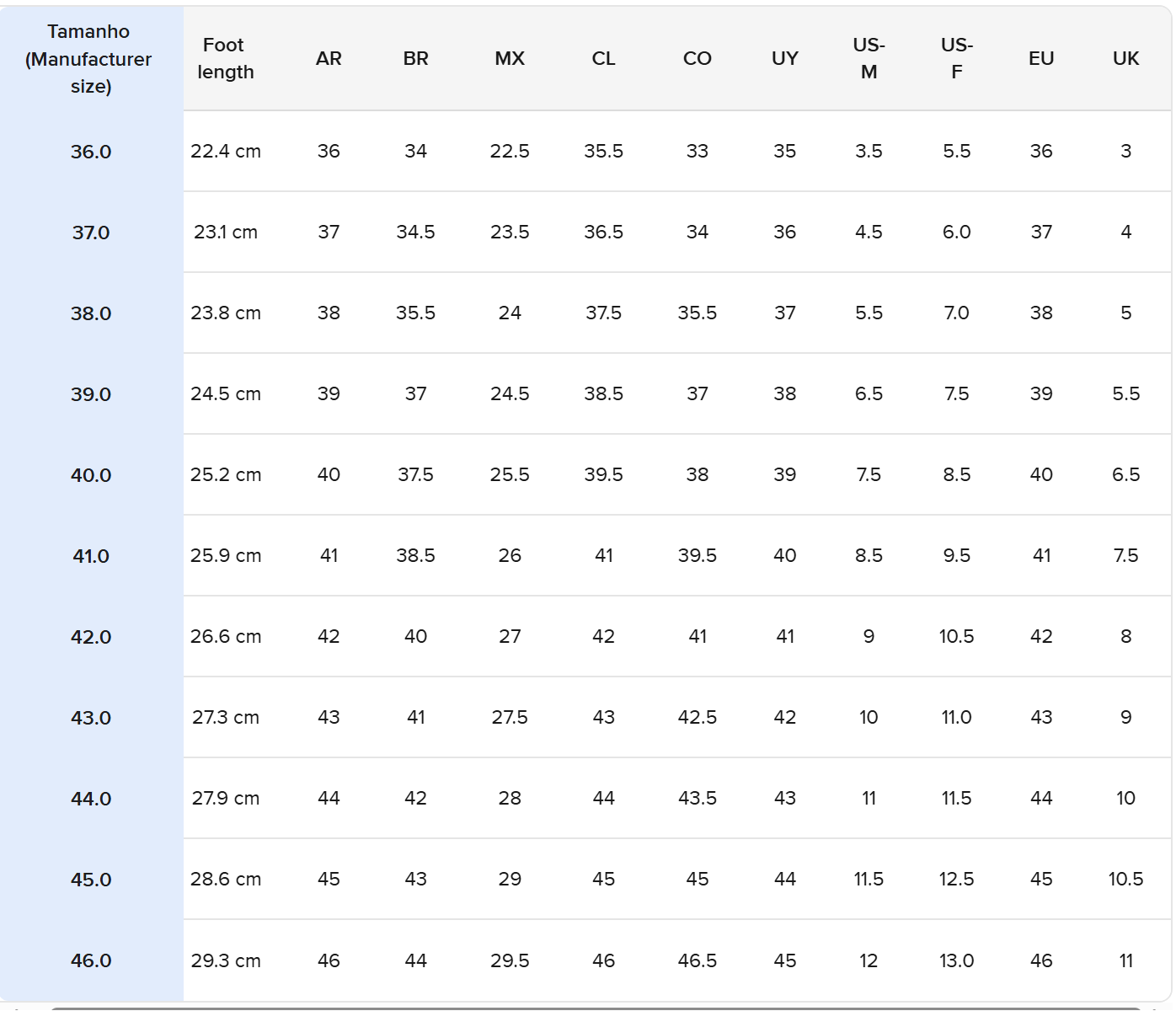 Qunaier shoe size guide chart